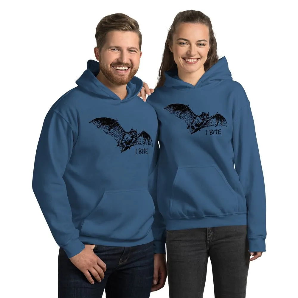 I Bite Hoodie With A Flying Bat Print /  Colors: Indigo Bleu, Sport Grey, White