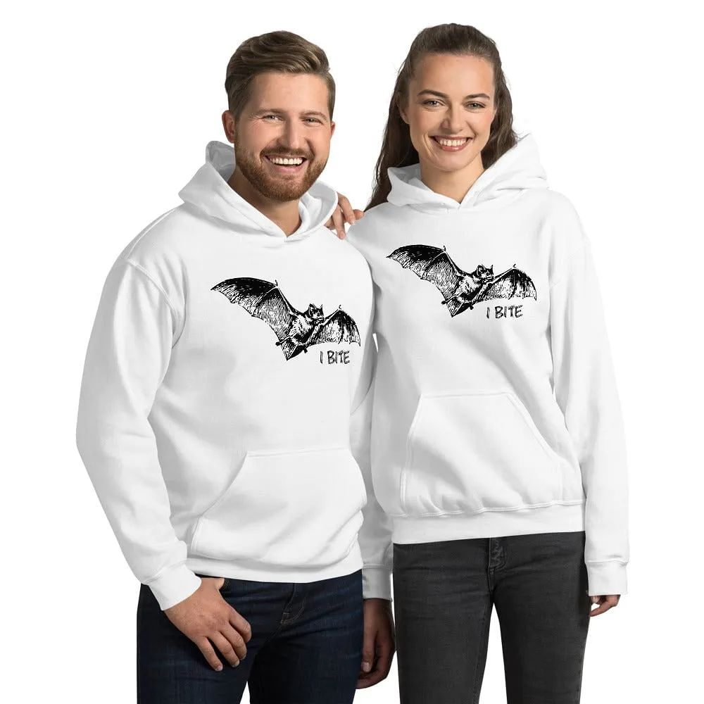 I Bite Hoodie With A Flying Bat Print /  Colors: Indigo Bleu, Sport Grey, White