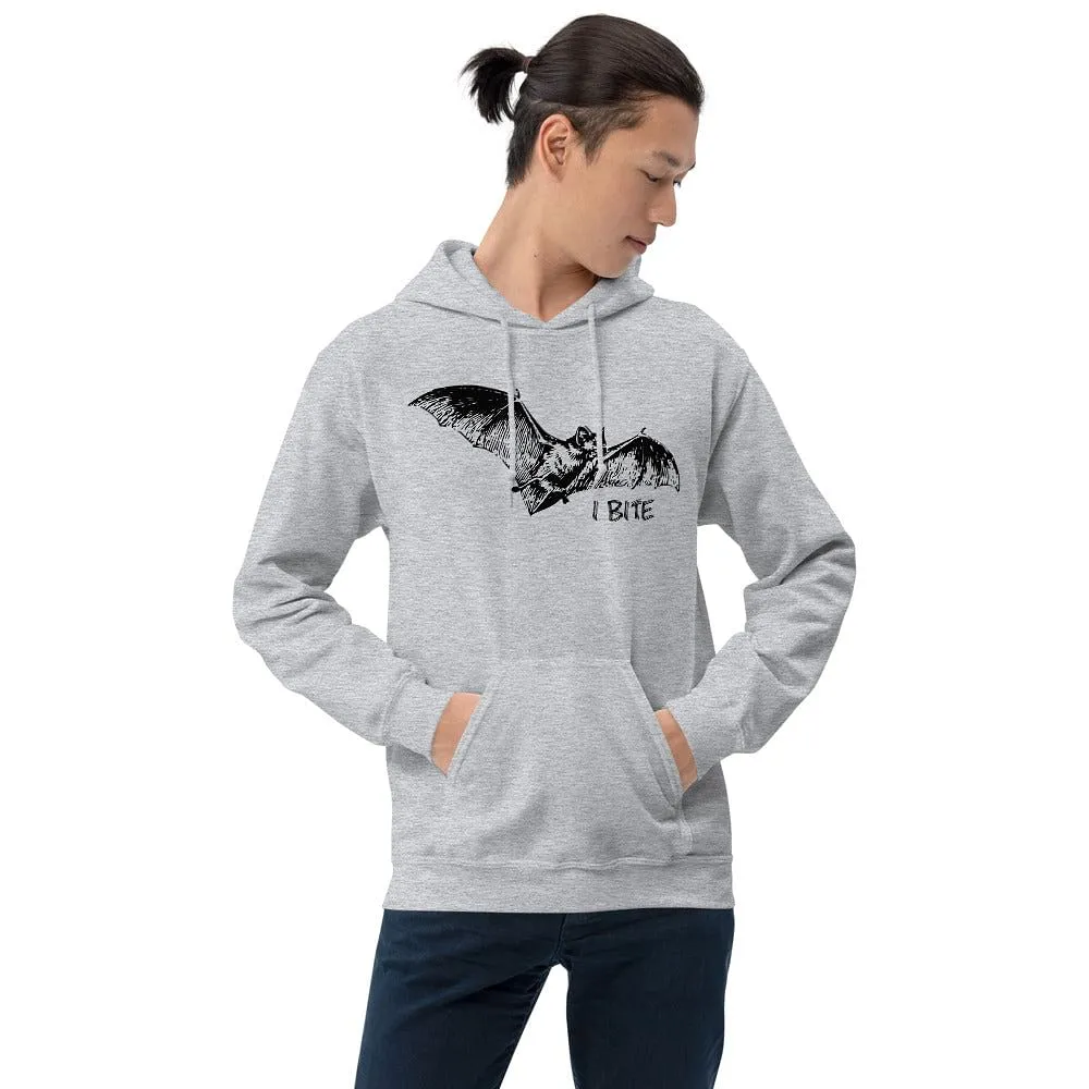 I Bite Hoodie With A Flying Bat Print /  Colors: Indigo Bleu, Sport Grey, White