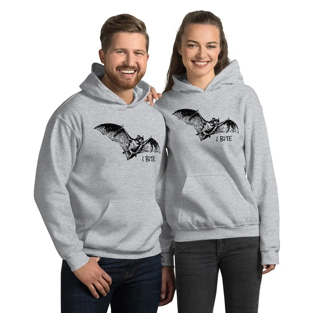 I Bite Hoodie With A Flying Bat Print /  Colors: Indigo Bleu, Sport Grey, White