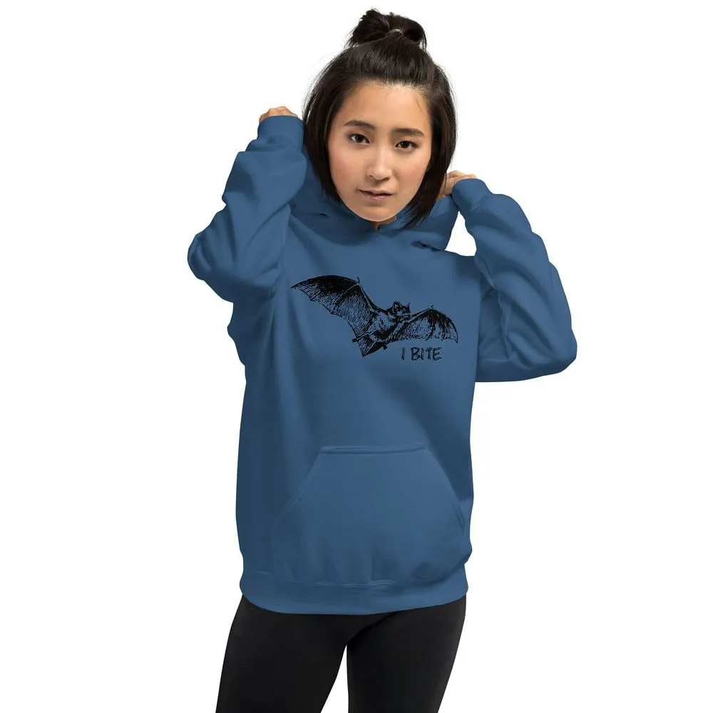 I Bite Hoodie With A Flying Bat Print /  Colors: Indigo Bleu, Sport Grey, White