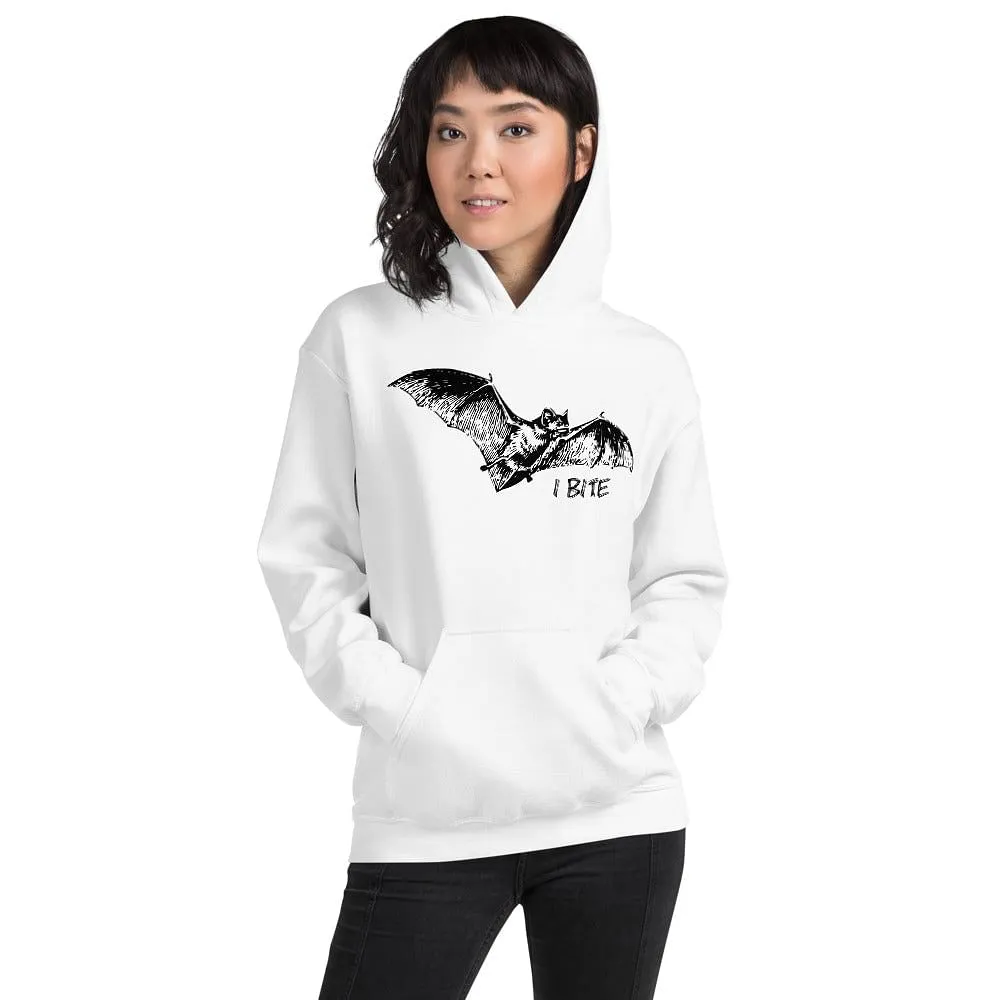 I Bite Hoodie With A Flying Bat Print /  Colors: Indigo Bleu, Sport Grey, White