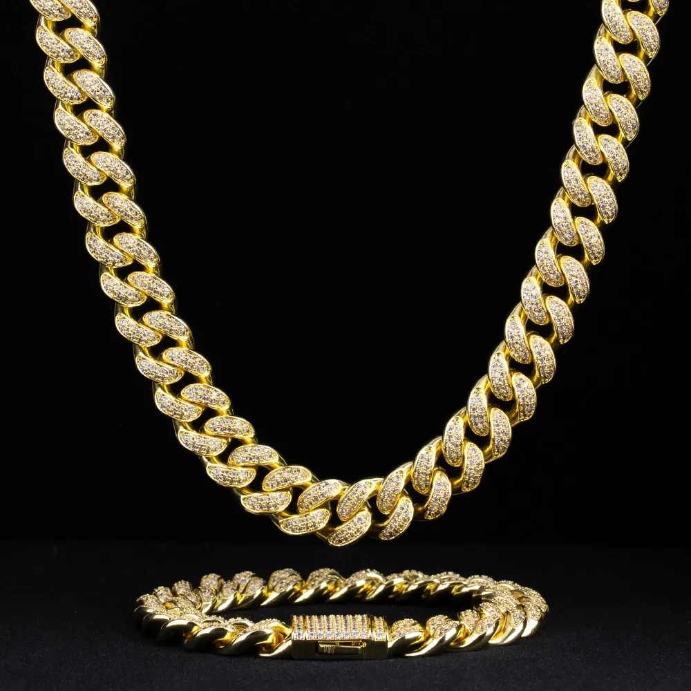 KRKC 12mm Iced Out Cuban Link Chain and Bracelet Set in White Gold/14k Gold for Women