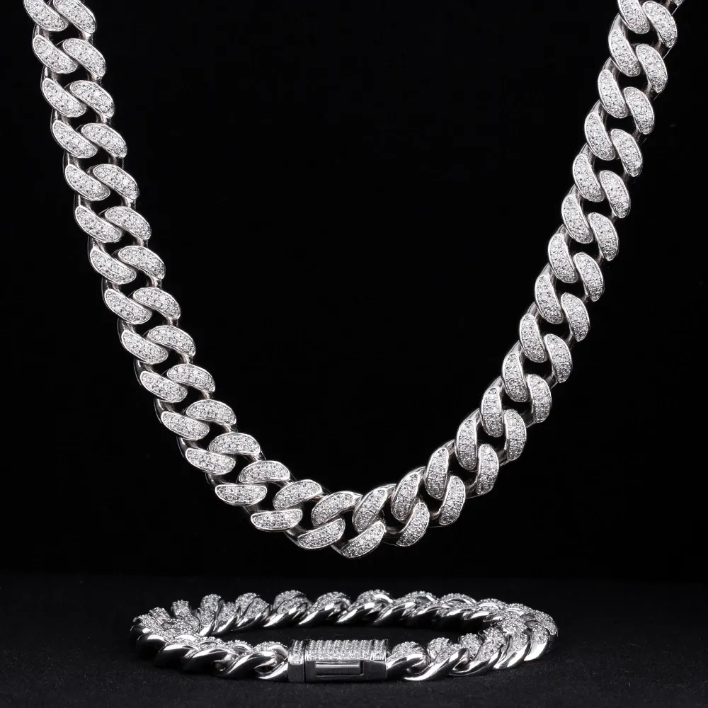 KRKC 12mm Iced Out Cuban Link Chain and Bracelet Set in White Gold/14k Gold for Women