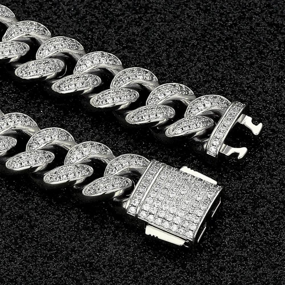 KRKC 12mm Iced Out Cuban Link Chain and Bracelet Set in White Gold/14k Gold for Women