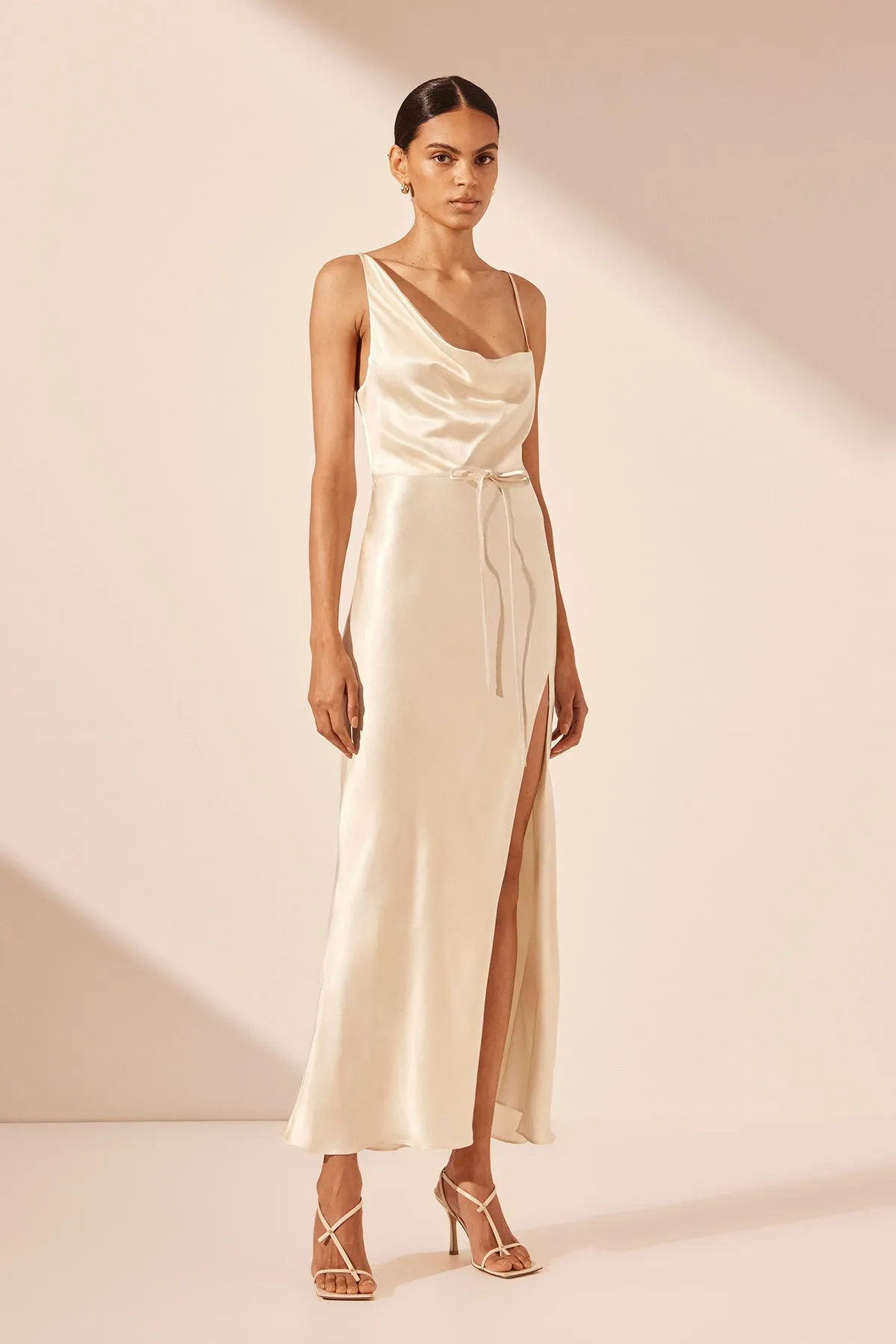 LA LUNE DRAPED SIDE SPLIT MIDI DRESS - CREAM