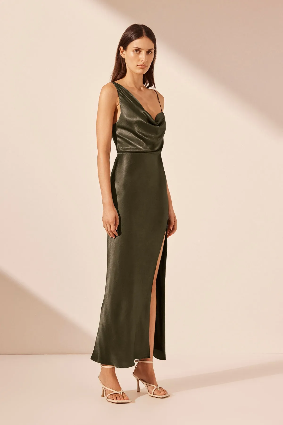 LA LUNE DRAPED SIDE SPLIT MIDI DRESS - FOREST