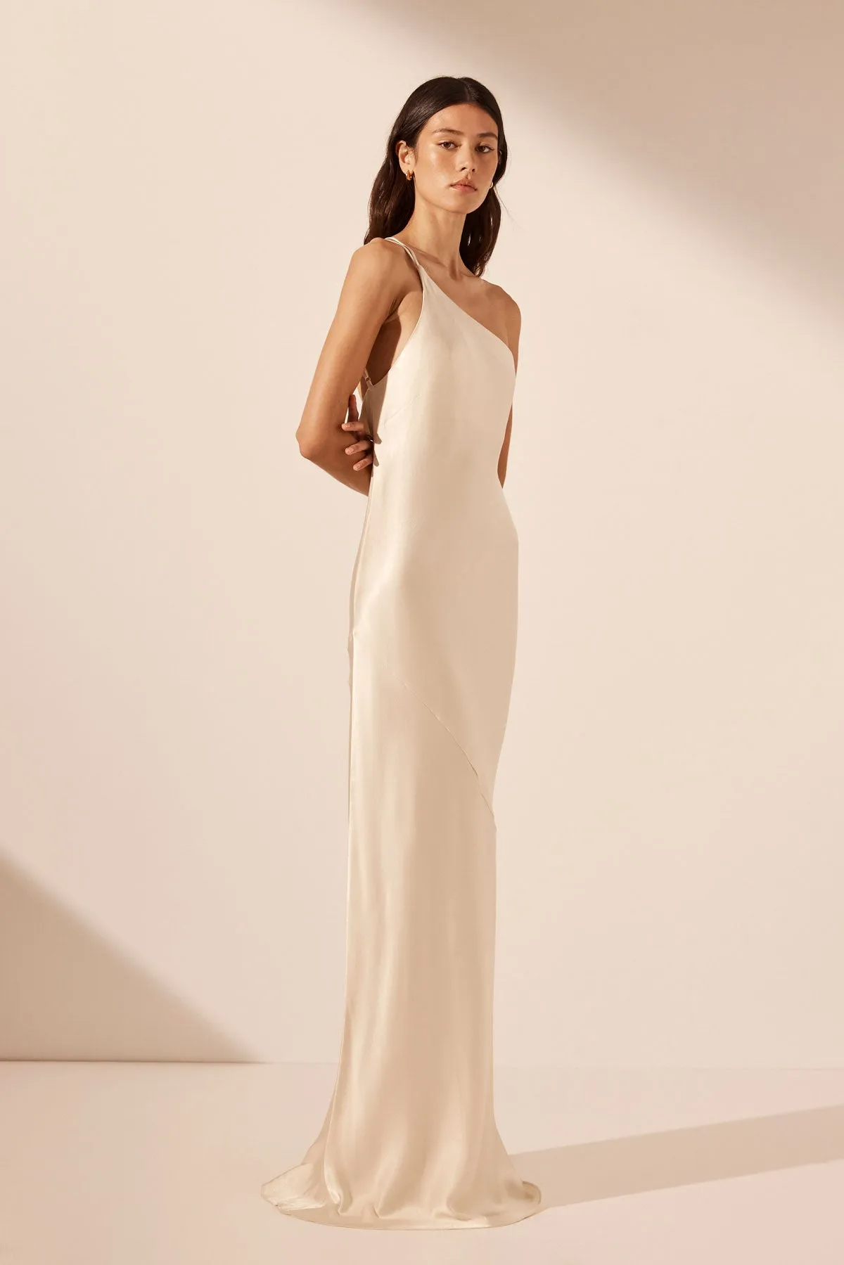 LA LUNE ONE SHOULDER COWL BACK MAXI DRESS - CREAM