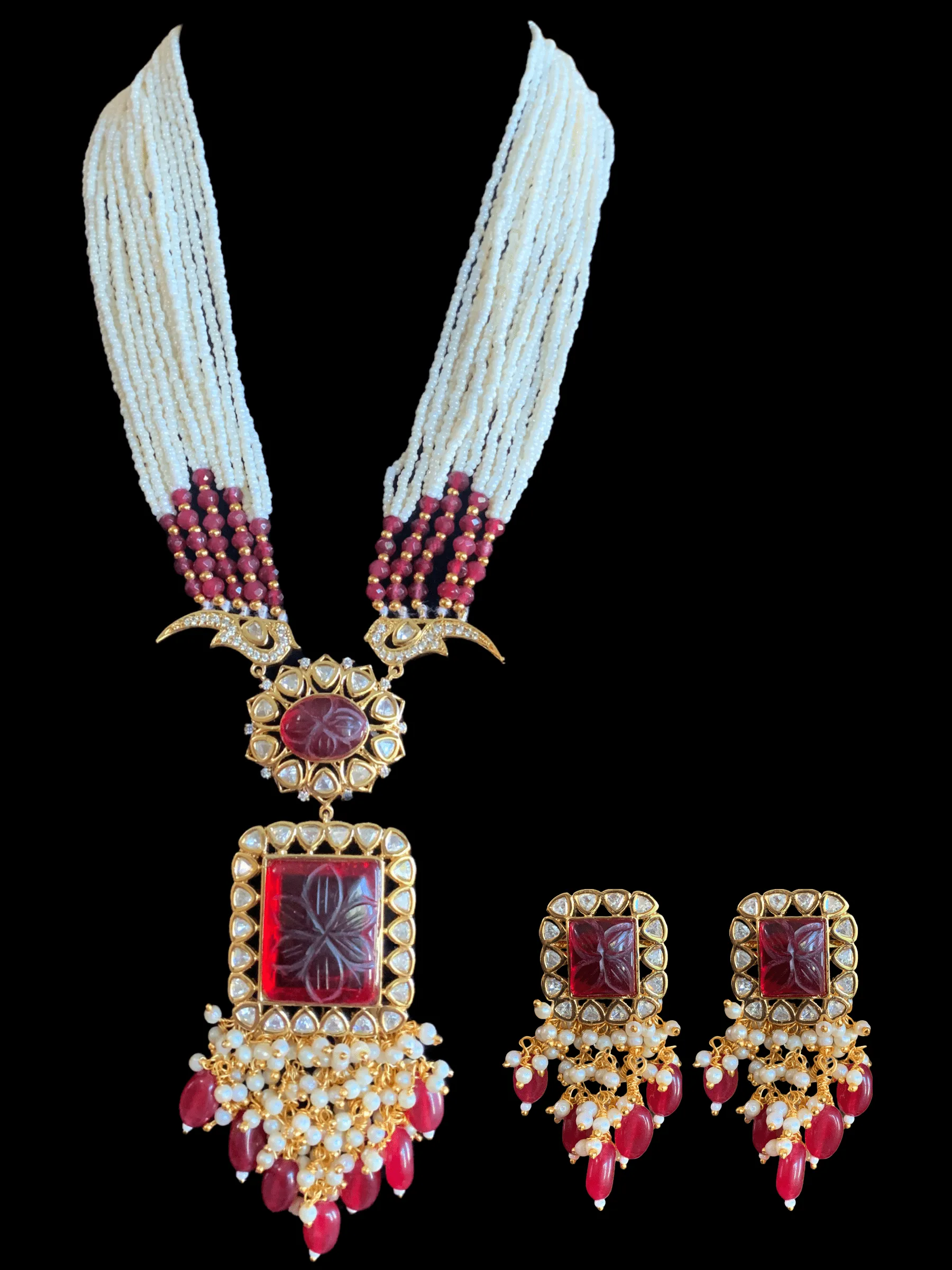 LN91 Mithali high quality cz polki necklace  set - Ruby ( READY TO SHIP)