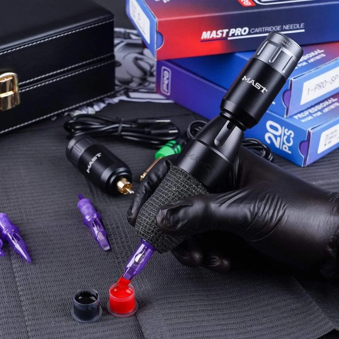 Mast Tour Pro Coreless Motor Permanent Tattoo Rotary Pen Wireless Machine Kit with Two Batteries Mast Pro Needles Cartridge Set