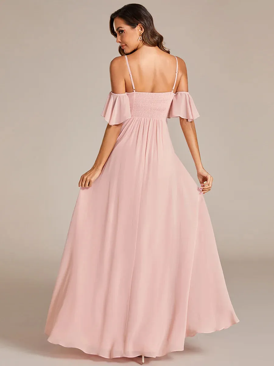 Maxi Long Cold Shoulder Bridesmaid Dresses With Short Sleeves