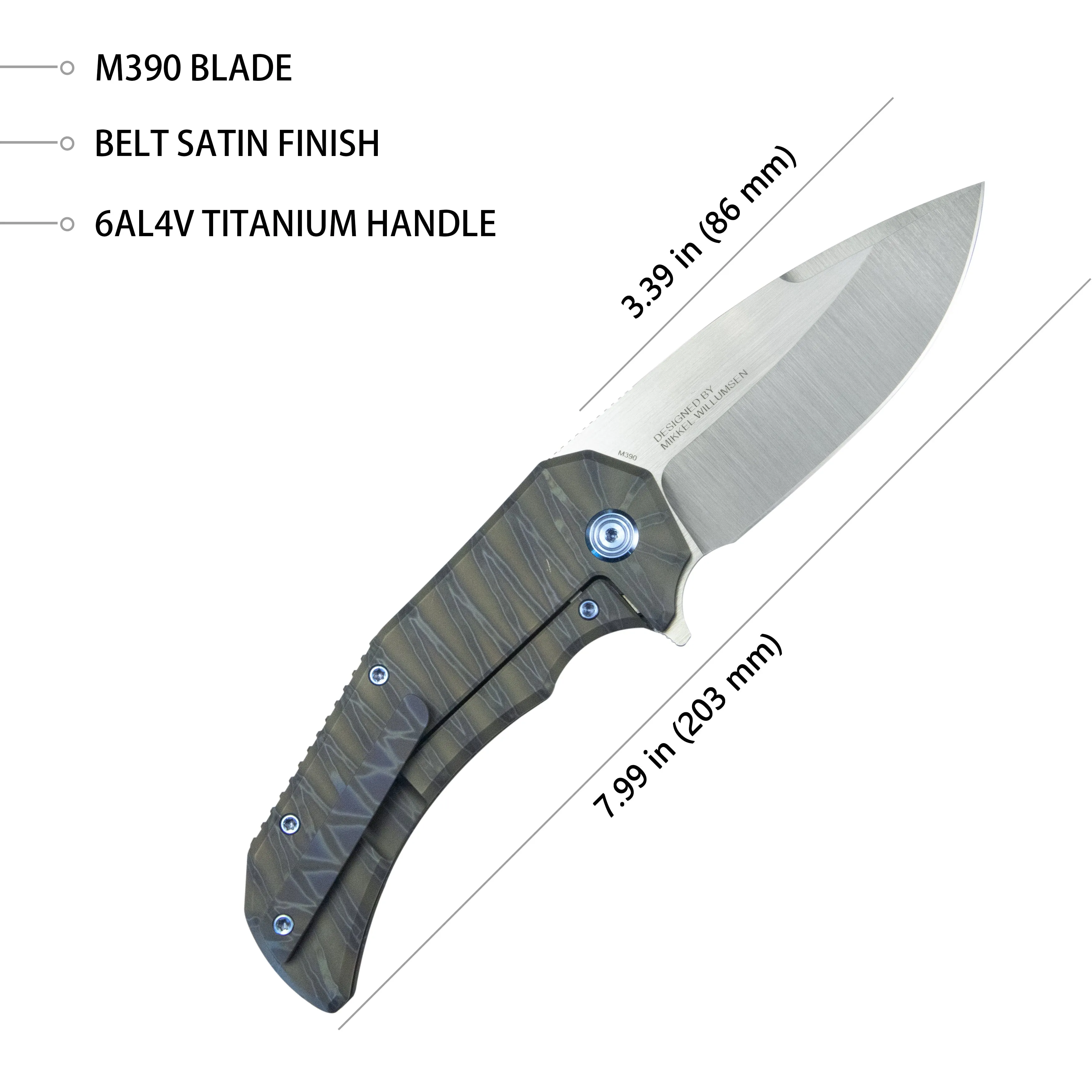 Mikkel Willumsen Design Bravo one Frame Tactical Folding Knife 6AL4V Titanium 3.39 Belt Satin Boher M390 KB367B