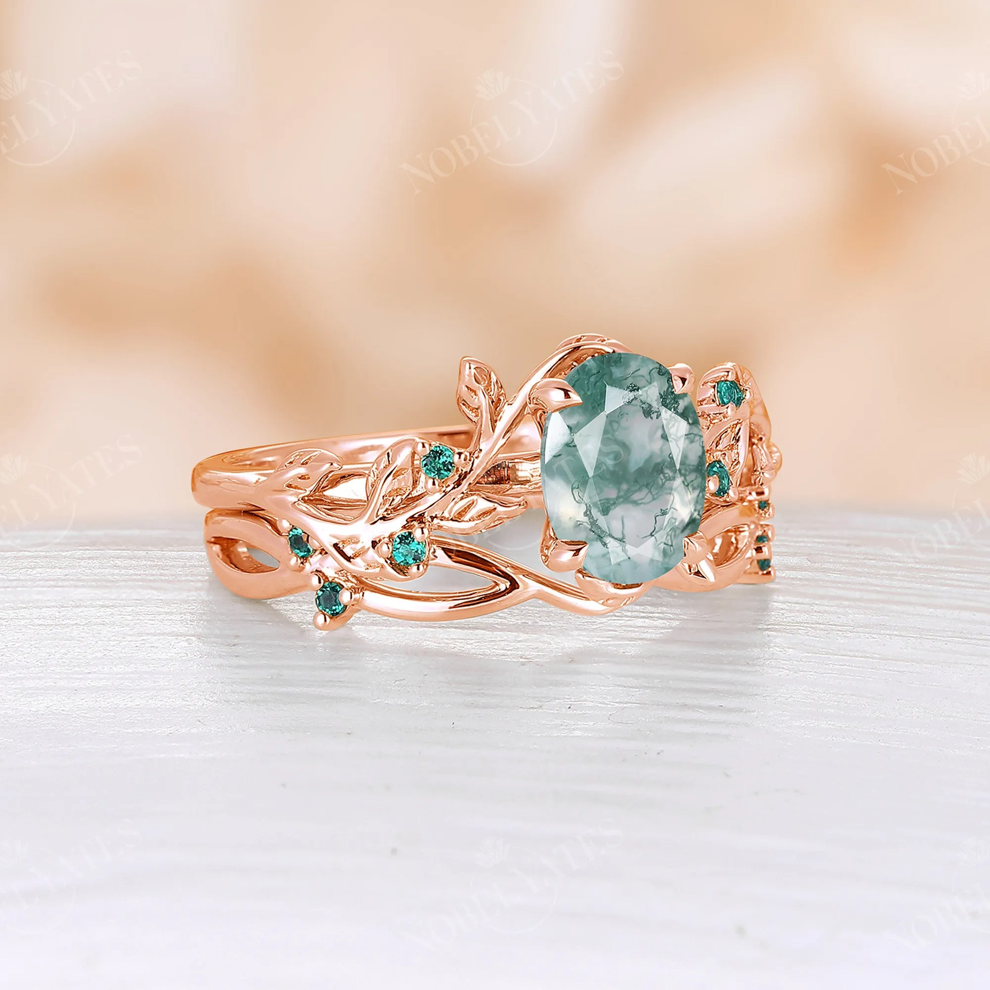 Moss Agate & Lab Emerald Nature Inspired Branch Leaf Bridal Set Rose Gold