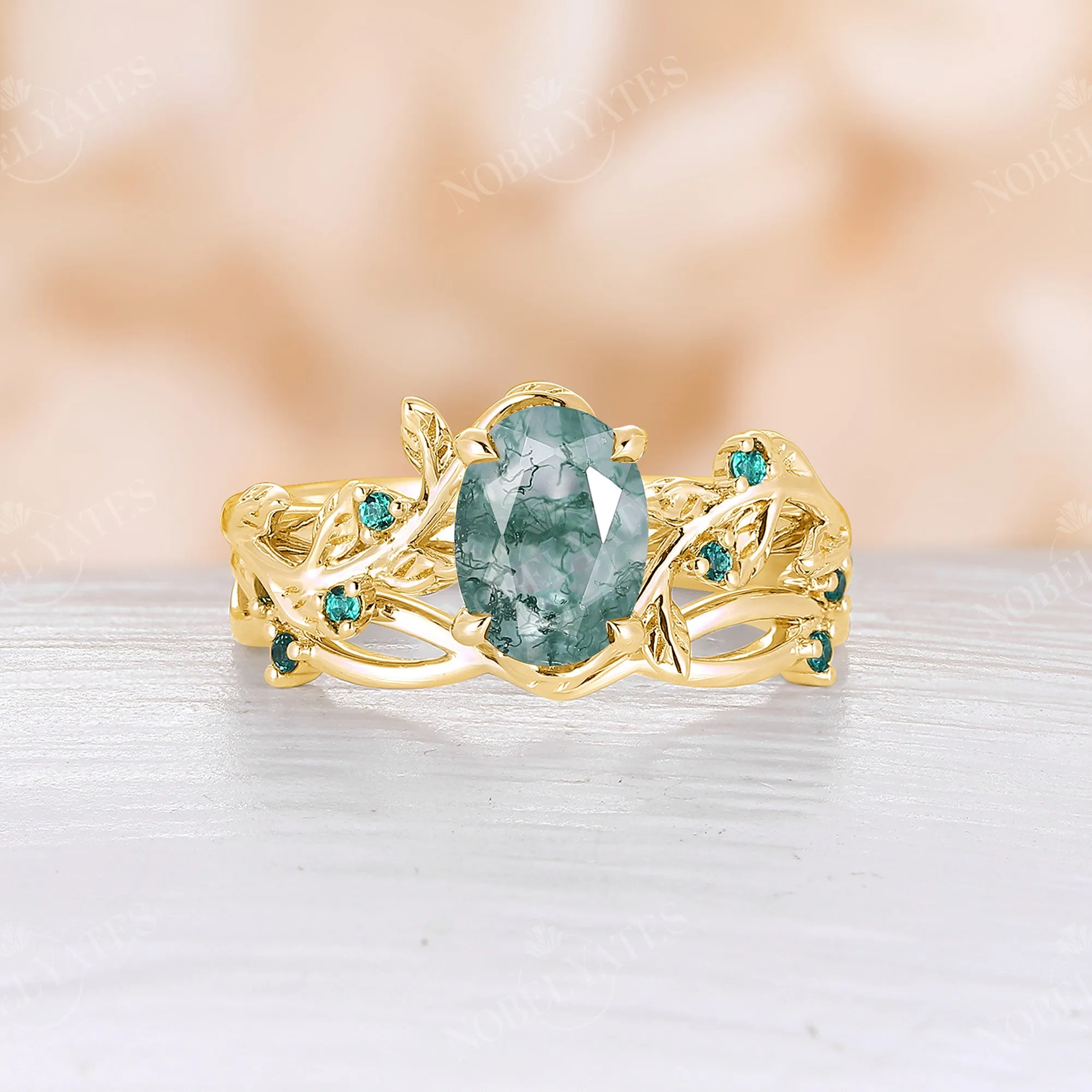 Moss Agate & Lab Emerald Nature Inspired Branch Leaf Bridal Set Rose Gold