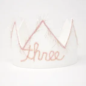 oh baby! Three Birthday Crown with Blush/Gold Trim on Oyster Linen