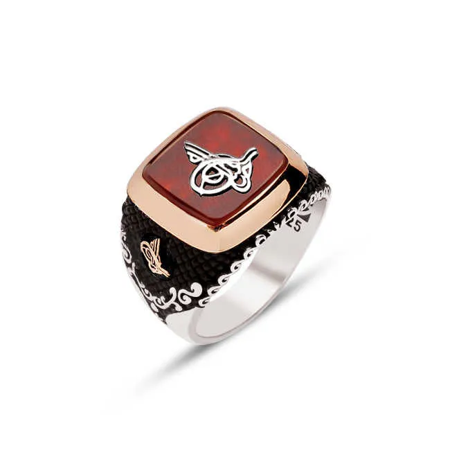 Ottoman Tughra on Red Agate Stone Square Silver Men’s Ring Siding Vav Letter and Branch Pattern