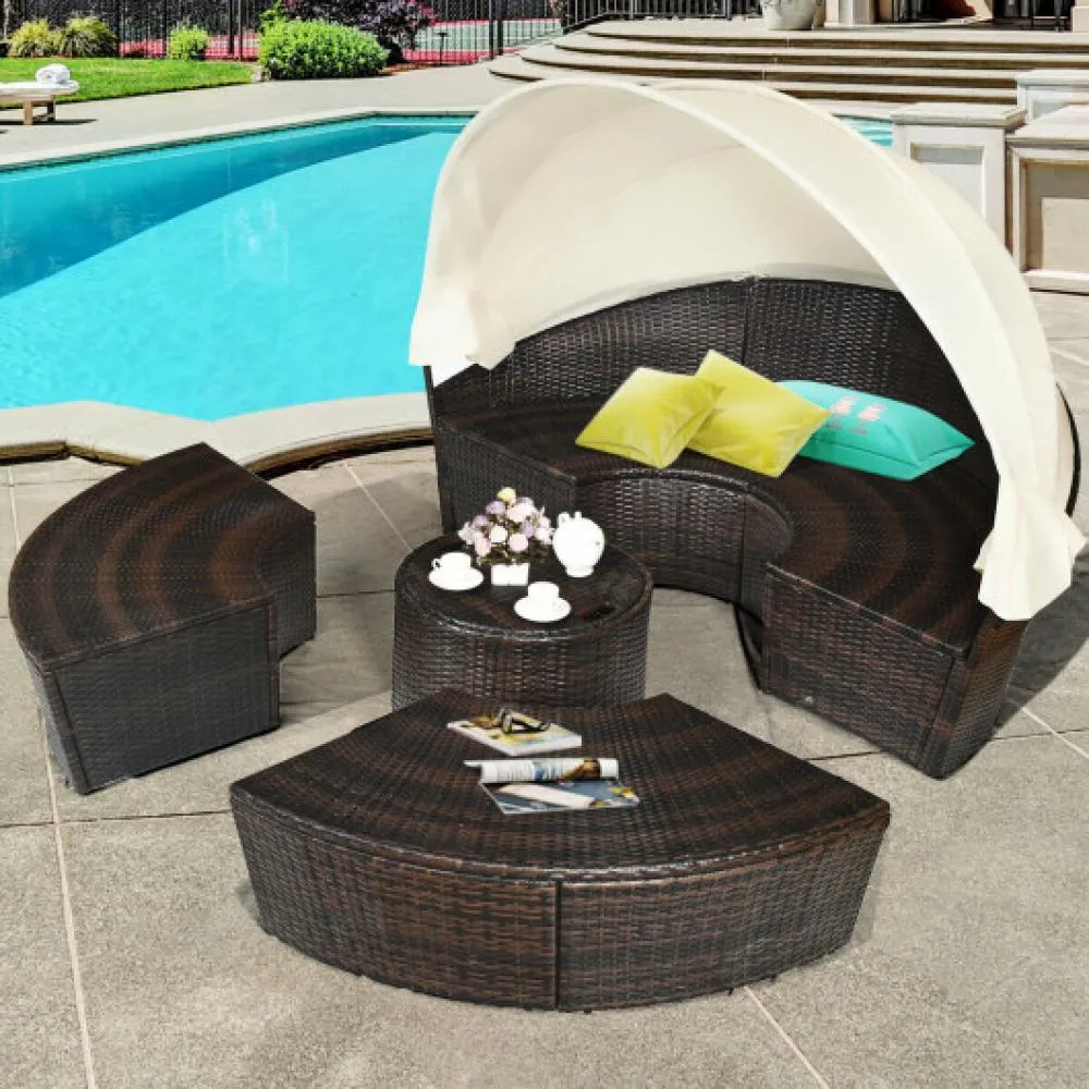 Patio Round Rattan Daybed with Retractable Canopy and Height Adjustable Coffee Table-Turquoise