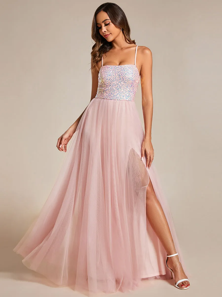 Sequin Tulle Spaghetti Strap High Split Bridesmaid Dress