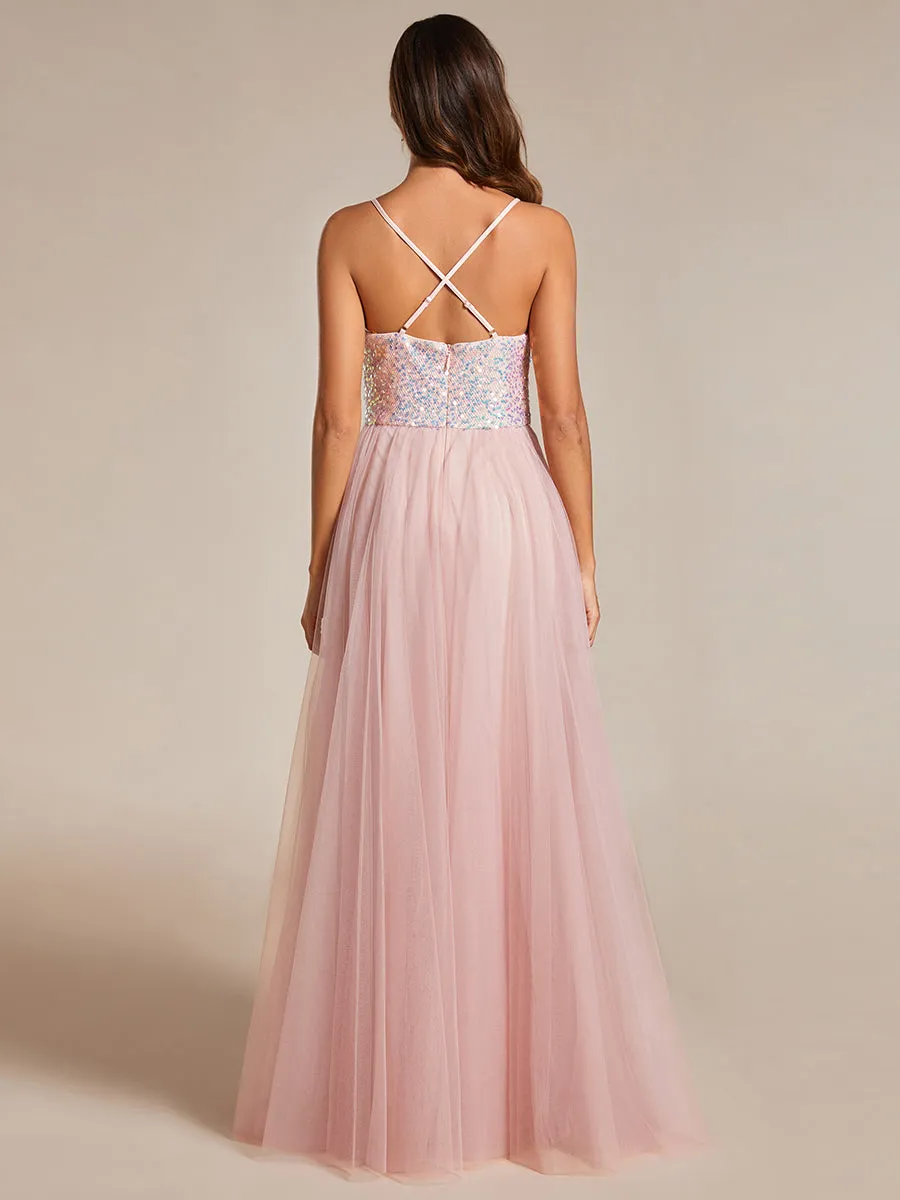 Sequin Tulle Spaghetti Strap High Split Bridesmaid Dress