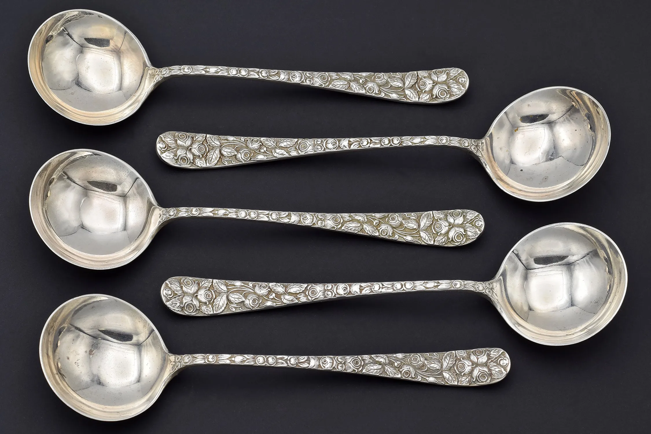 Set of 5 Antique Schofield Sterling Silver Baltimore Rose Cream Soup Spoon No Mono