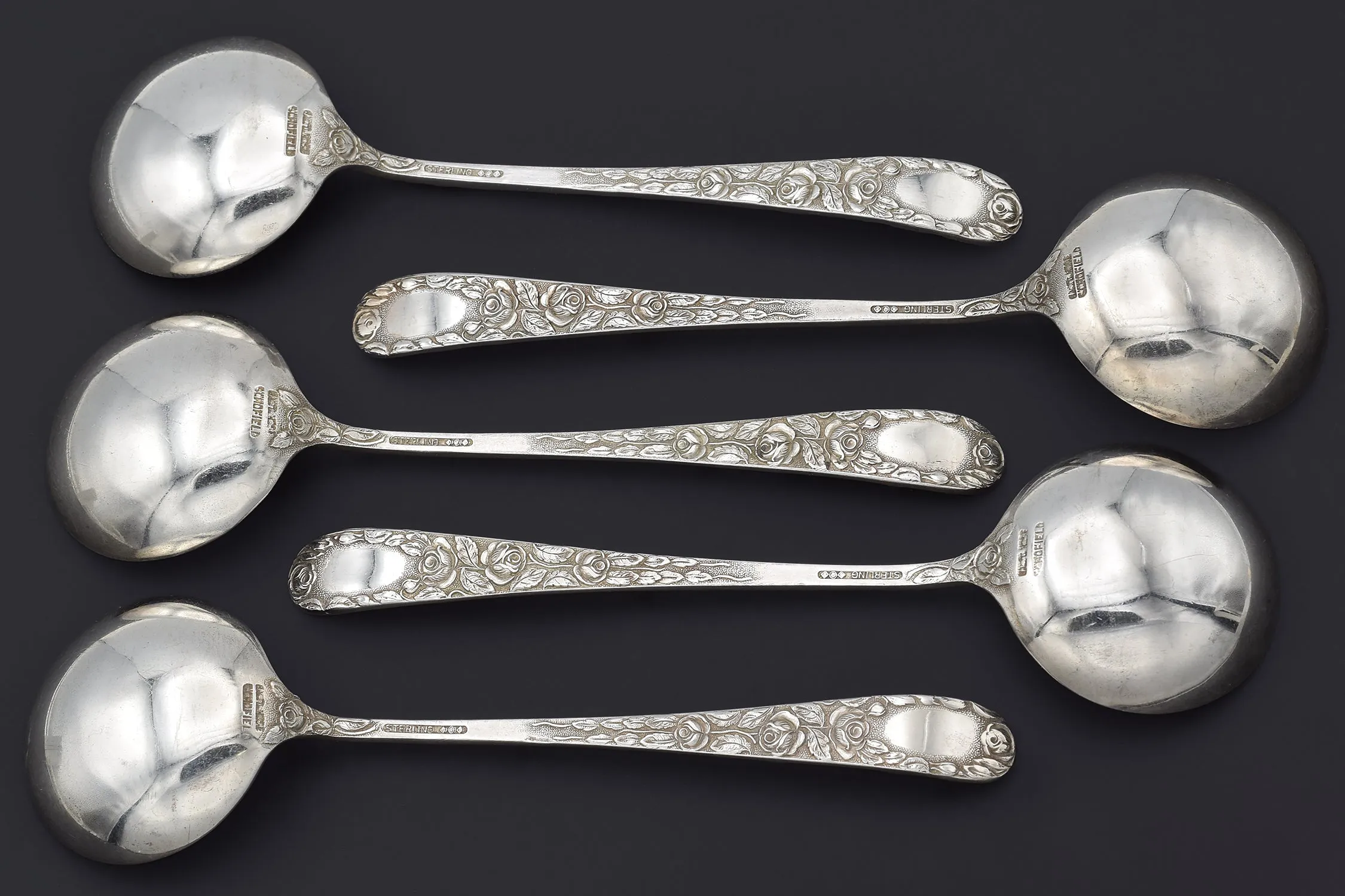 Set of 5 Antique Schofield Sterling Silver Baltimore Rose Cream Soup Spoon No Mono