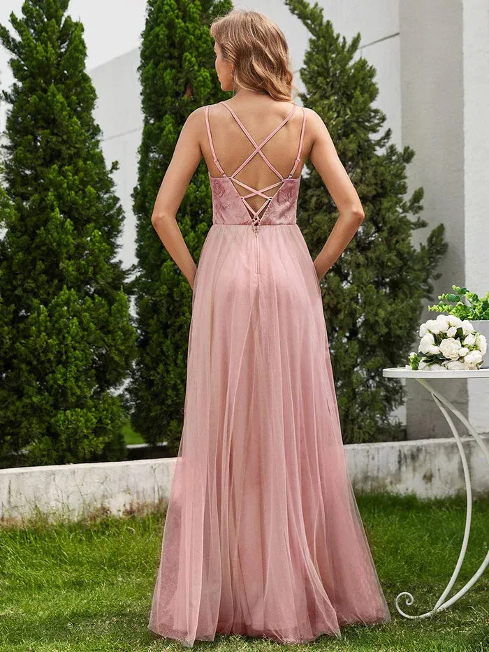 Shimmer Cross-Back Straps Tulle Bridesmaid Dress with sleeveless