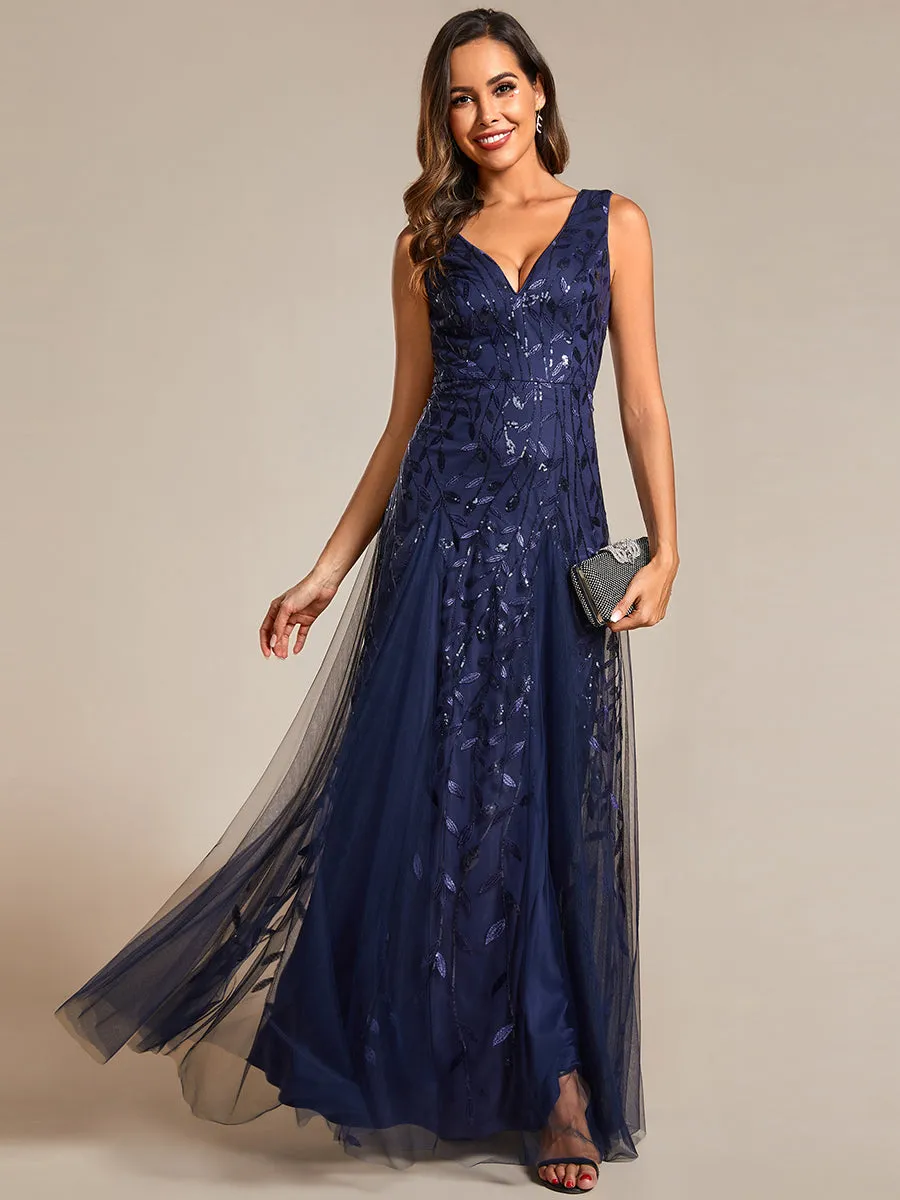 Shiny V-Neck Sequin Sleeveless Evening Dress with Tulle