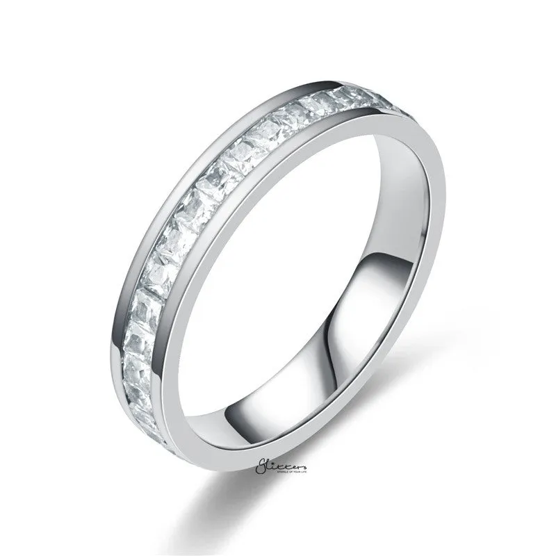 Stainless Steel Square CZ Paved Band Ring - Silver