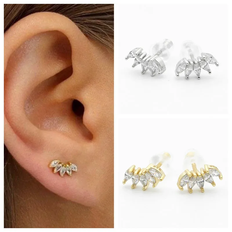 Sterling Silver Five Marquise CZ Stud Earrings - Gold