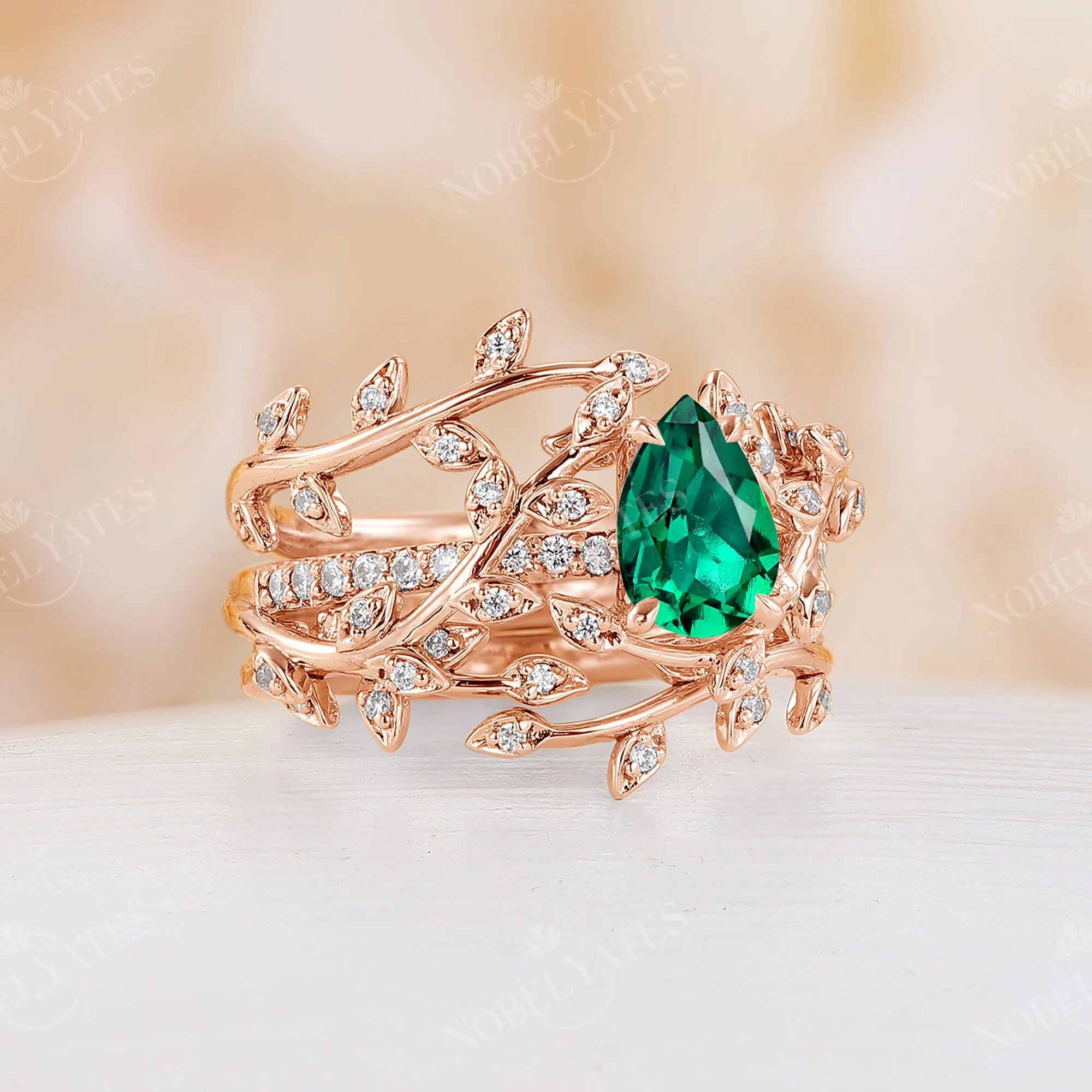 Teardop Lab Emerald Rose Gold Nature Inspired Twig Leaf Engagement Ring Set