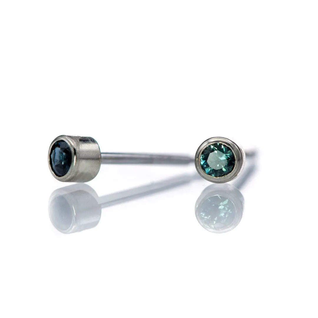 Tiny Teal Blue Sapphire Bezel Set 14k White Gold Stud Earrings, Ready to Ship