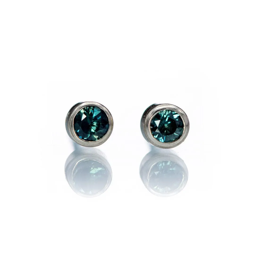 Tiny Teal Blue Sapphire Bezel Set 14k White Gold Stud Earrings, Ready to Ship