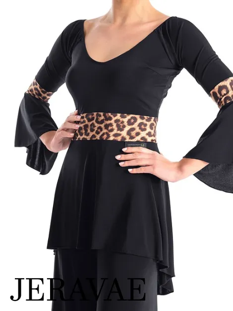 Victoria Blitz Reggio Leopard Ballroom or Latin Black Practice Top with V-Neckline, 3/4 Bell Sleeves, Flared Bottom, and Leopard Print Bands PRA 746 in Stock