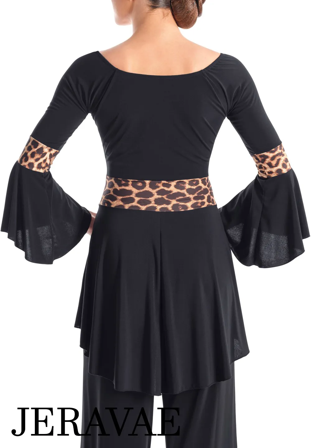 Victoria Blitz Reggio Leopard Ballroom or Latin Black Practice Top with V-Neckline, 3/4 Bell Sleeves, Flared Bottom, and Leopard Print Bands PRA 746 in Stock