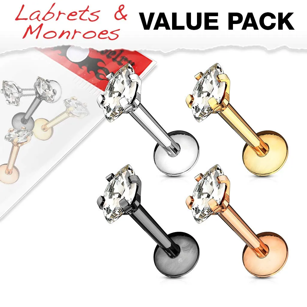 WILDKLASS 4 Pcs Value Pack Internally Threaded Marquise CZ Prong Set 316L Surgical Steel Labret, Flat Back Studs