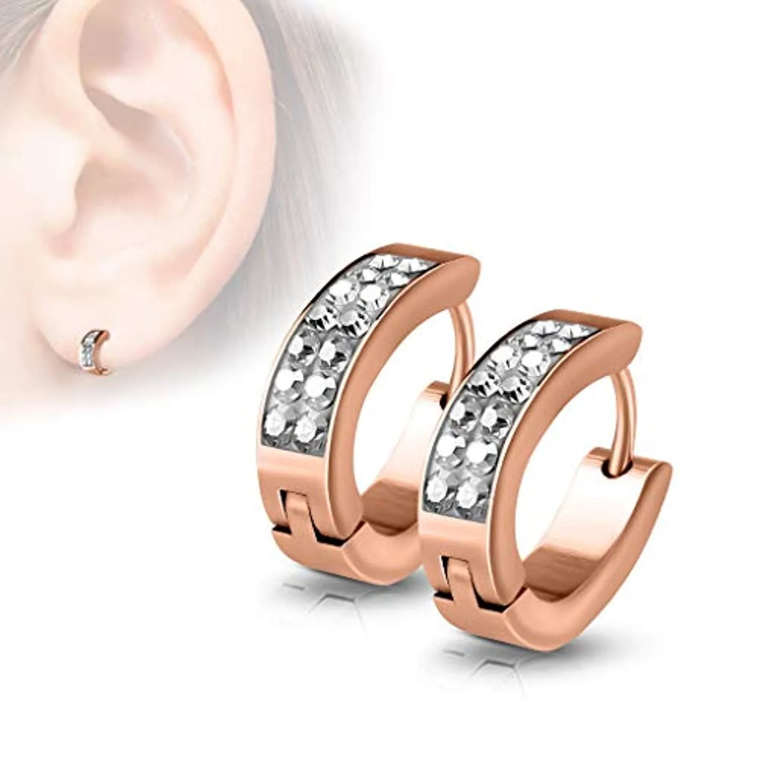 WildKlass Pair of Lined Set Crystals Front Oval Shape Stainless Steel Hoop/Huggie Earrings