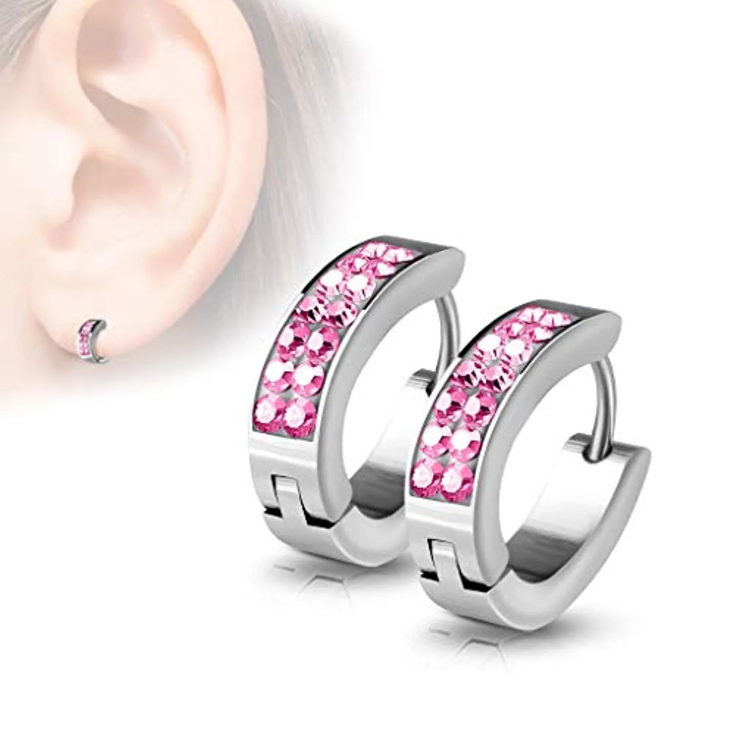 WildKlass Pair of Lined Set Crystals Front Oval Shape Stainless Steel Hoop/Huggie Earrings