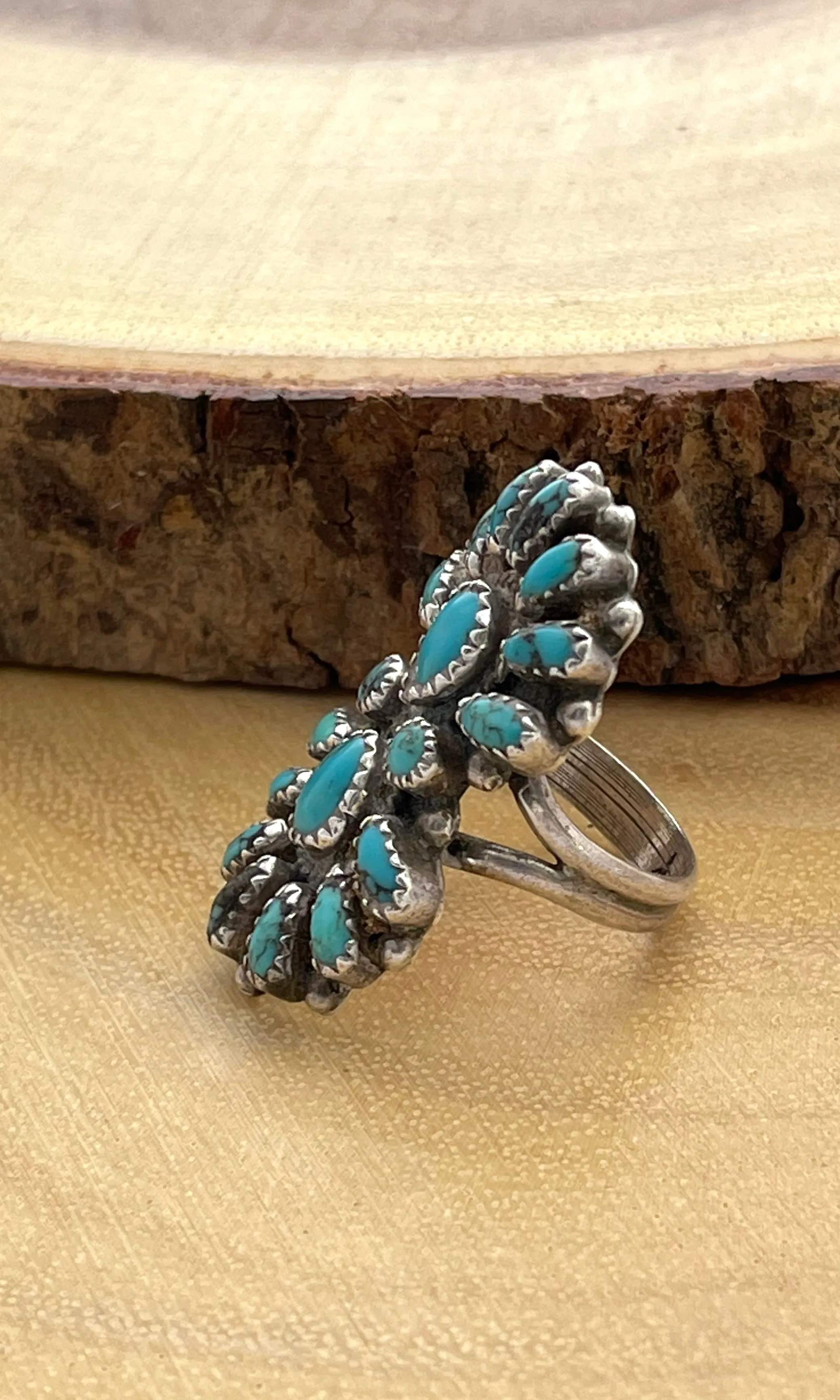 ZUNI 30s 40s Petit Point Cluster Turquoise & Silver Ring, AA Hallmark, Size 7