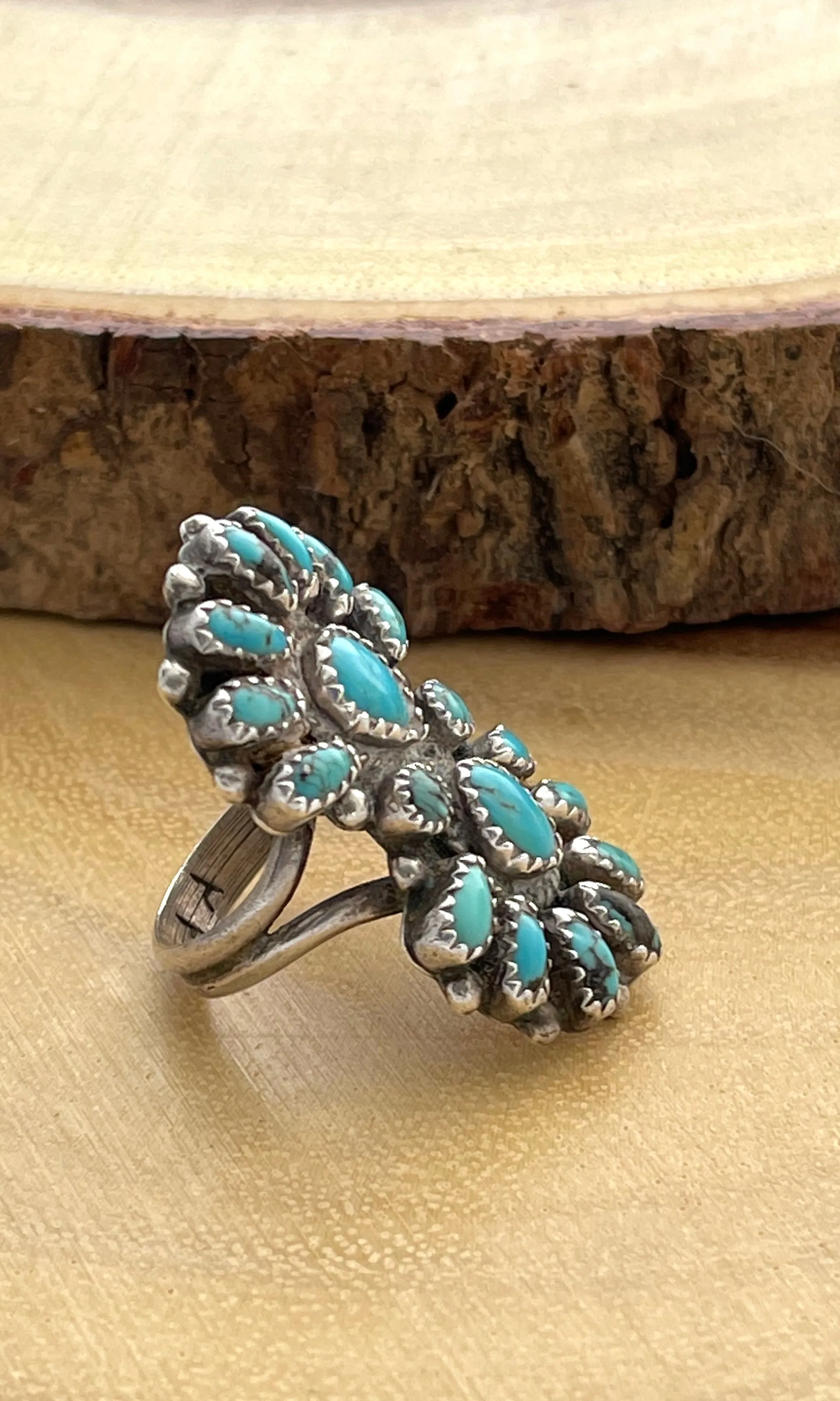 ZUNI 30s 40s Petit Point Cluster Turquoise & Silver Ring, AA Hallmark, Size 7