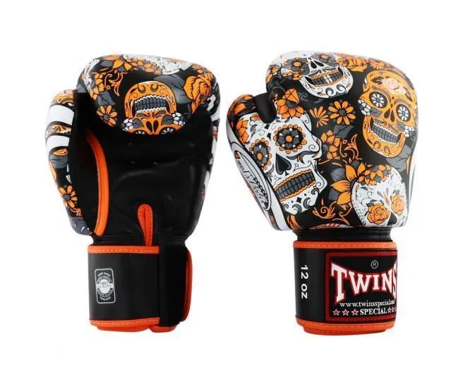 泰拳拳套 Thai Boxing Gloves : TWINS FBGVL-3 53 SKULL ORANGE BLACK