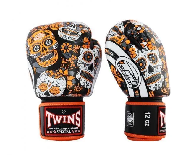 泰拳拳套 Thai Boxing Gloves : TWINS FBGVL-3 53 SKULL ORANGE BLACK